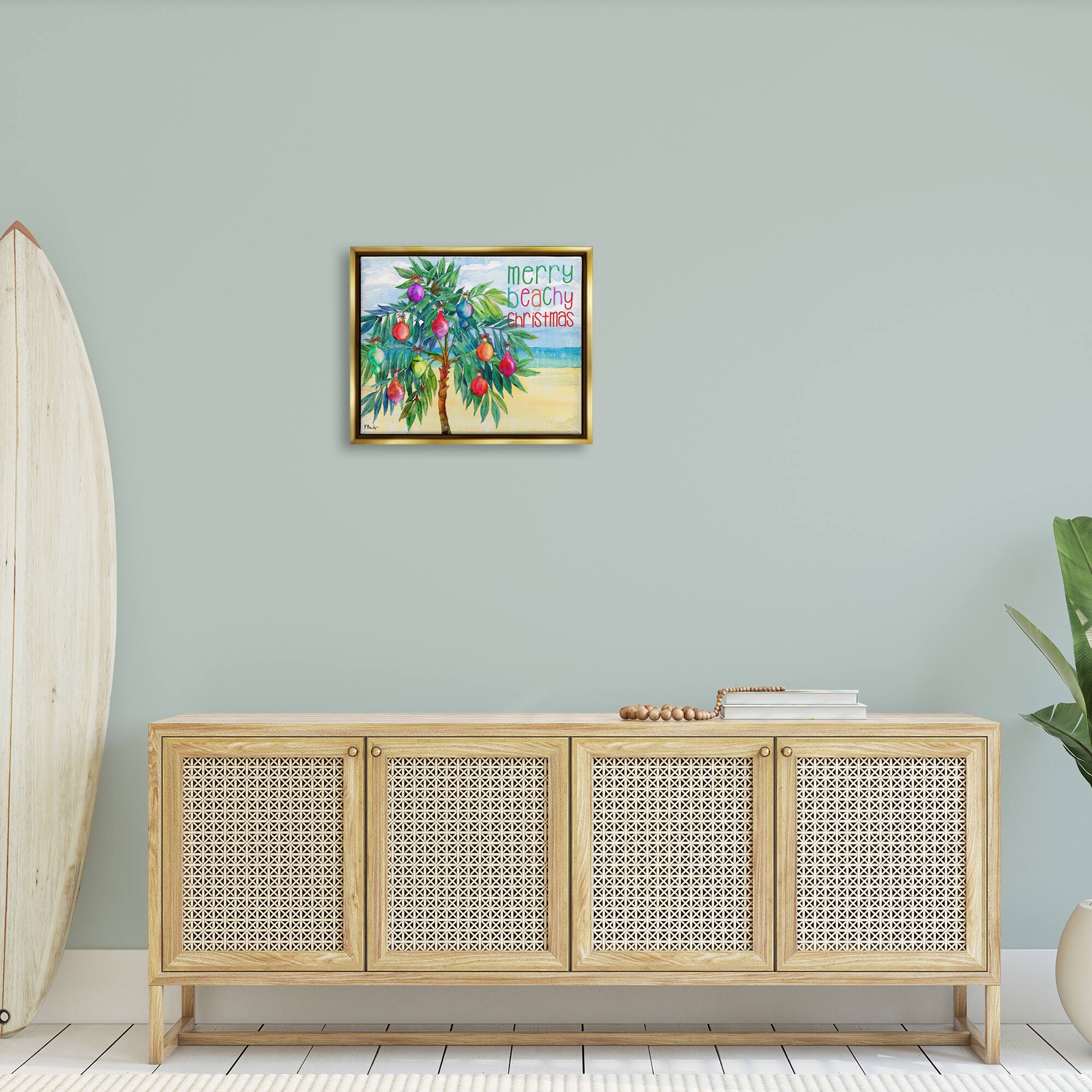 Stupell Industries Merry Beachy Christmas Holiday Palm Gold Framed Floater Canvas Wall Art